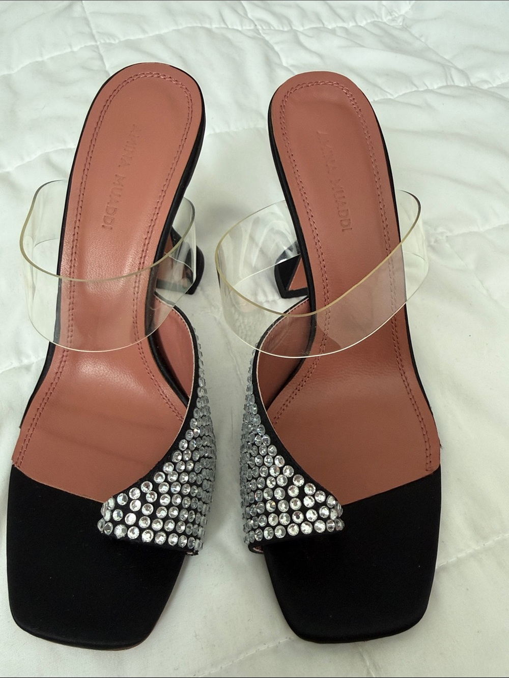 Amina Muaddi Paloma Black Crystal Accent Clear Strap Mule Sandals